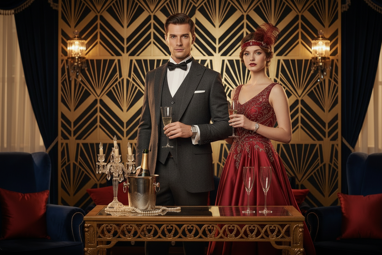 create a great gatsby image, art deco luxury champagne, tailored suits where a luxury watch is visible
